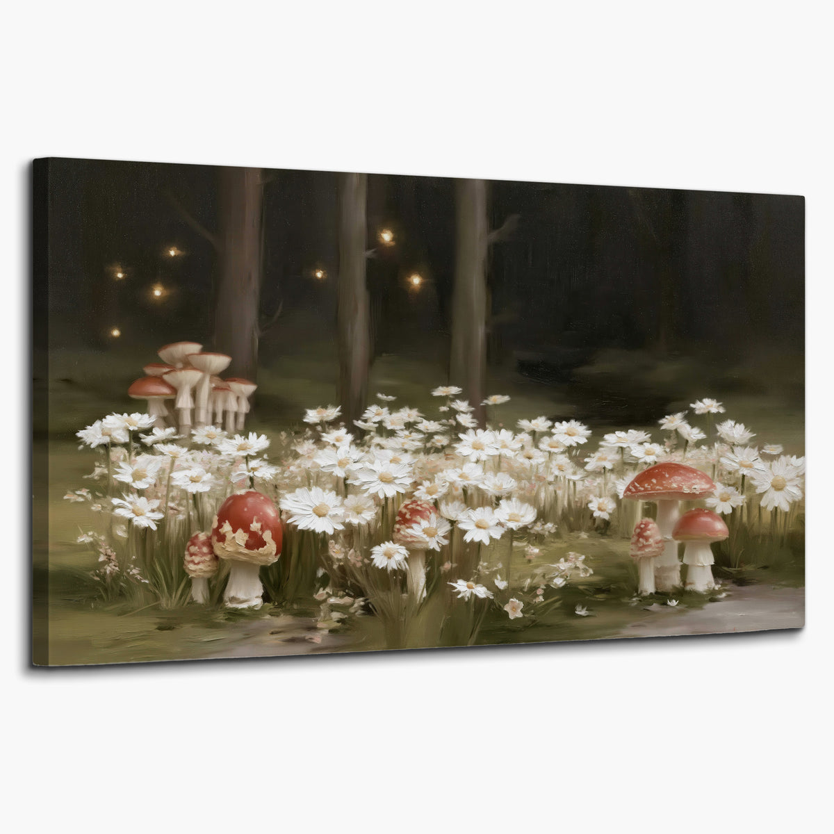 Pale daisies and red-capped mushrooms in a dark meadow with tiny painted points of light single canvas wall art on a white background