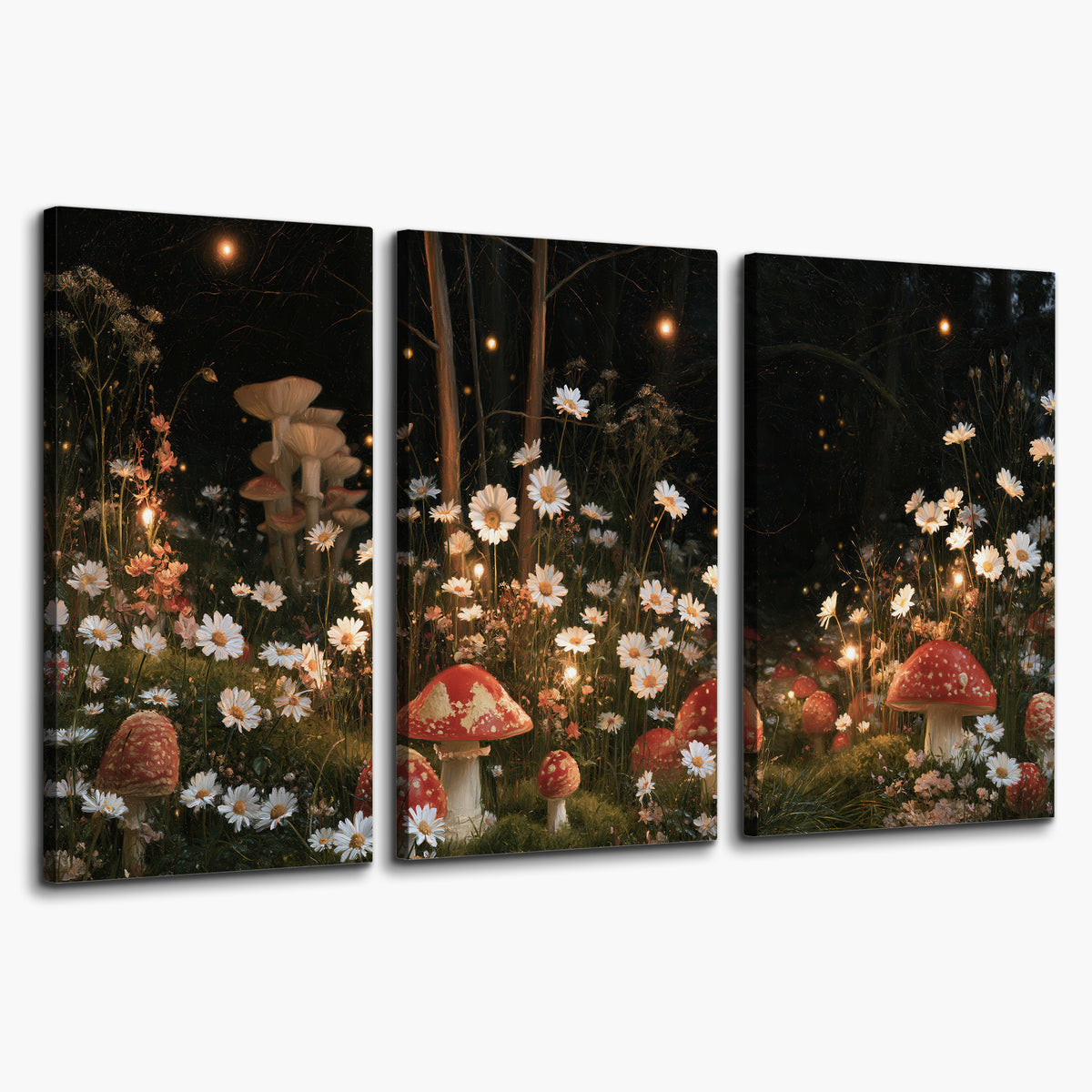 Red mushrooms and delicate white flowers glowing in a painted nighttime woodland scene 3 piece canvas wall art on a white background