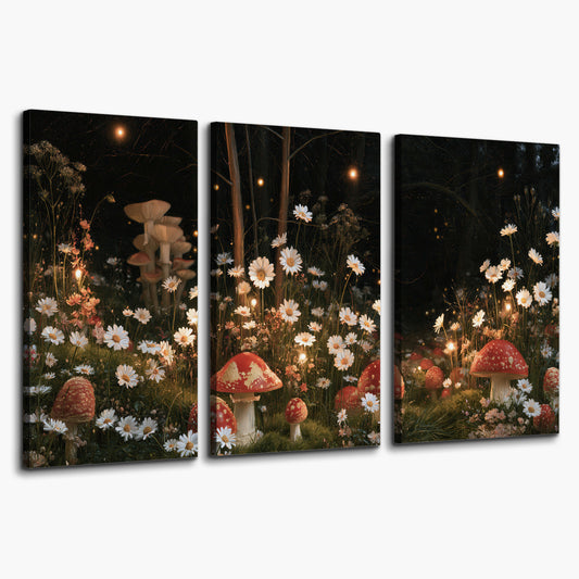 Red mushrooms and delicate white flowers glowing in a painted nighttime woodland scene 3 piece canvas wall art on a white background