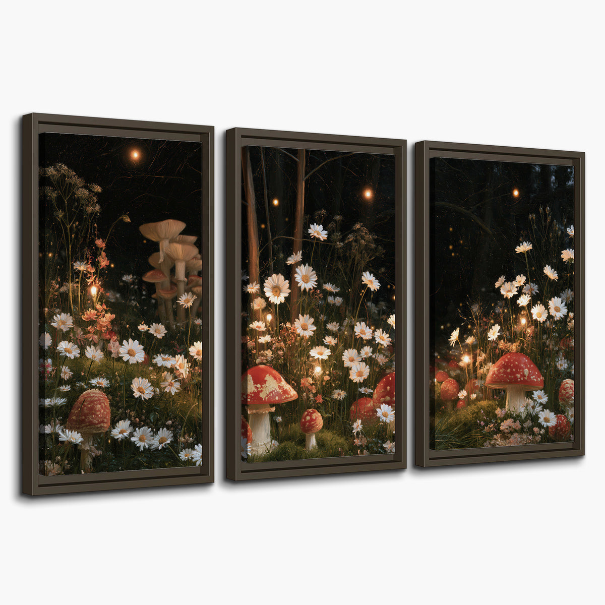 Red mushrooms and delicate white flowers glowing in a painted nighttime woodland scene 3 piece framed canvas wall art on a white background