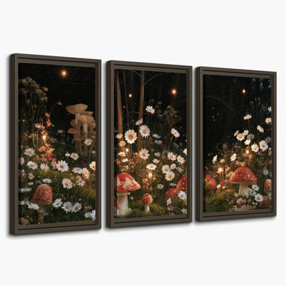 Red mushrooms and delicate white flowers glowing in a painted nighttime woodland scene 3 piece framed canvas wall art on a white background