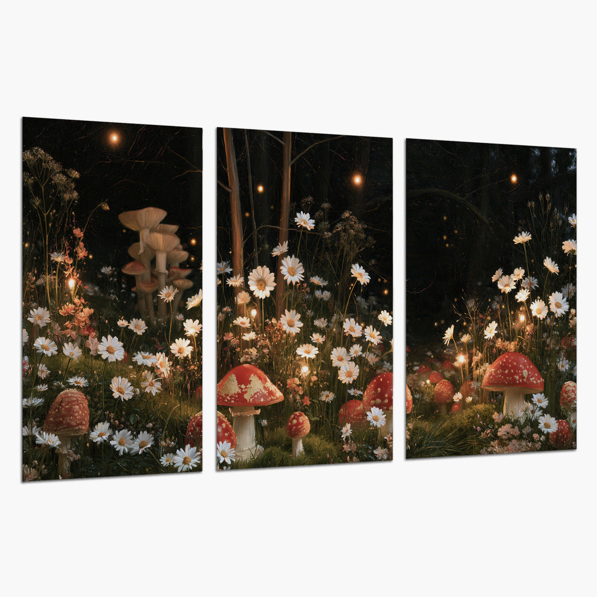 Red mushrooms and delicate white flowers glowing in a painted nighttime woodland scene set of 3 poster prints on a white background