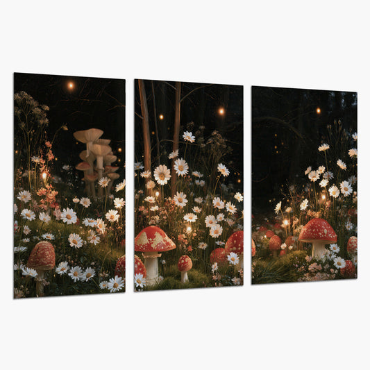 Red mushrooms and delicate white flowers glowing in a painted nighttime woodland scene set of 3 poster prints on a white background