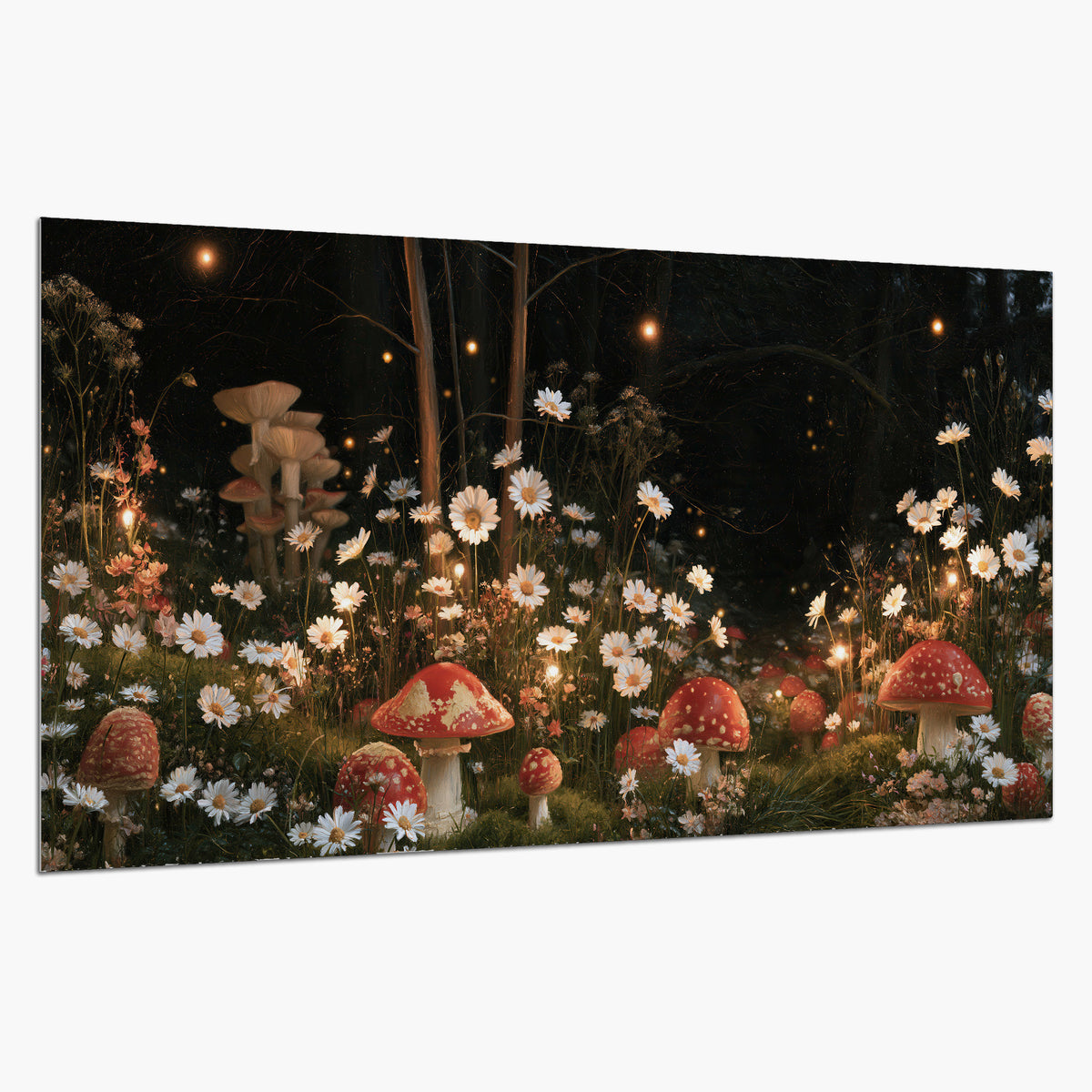 Red mushrooms and delicate white flowers glowing in a painted nighttime woodland scene single poster print on a white background