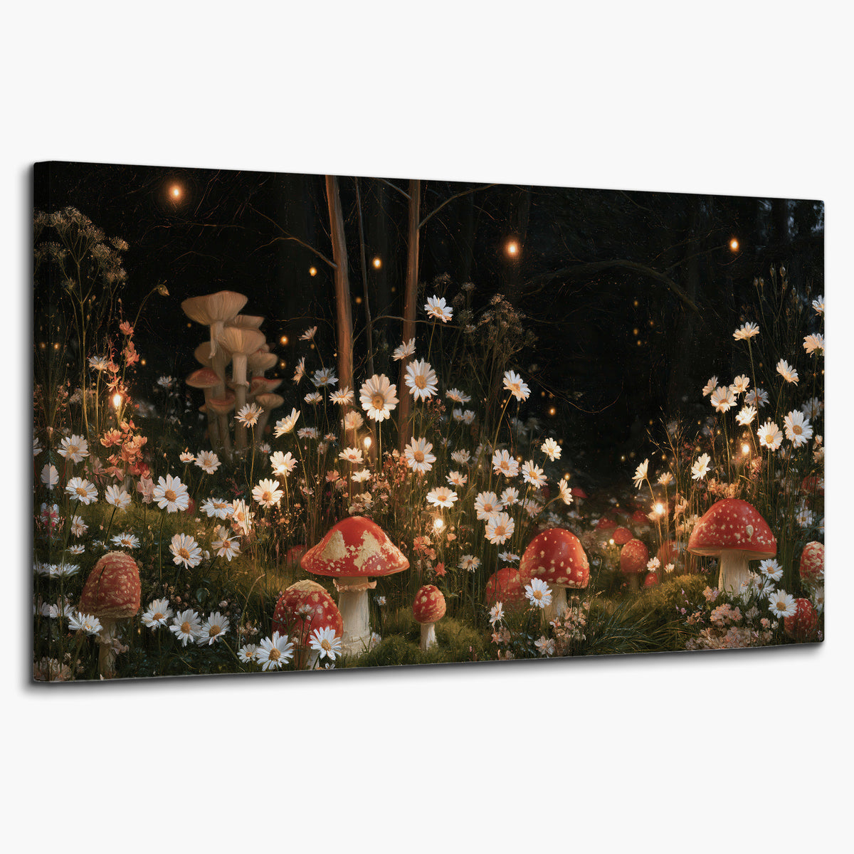Red mushrooms and delicate white flowers glowing in a painted nighttime woodland scene single canvas wall art on a white background