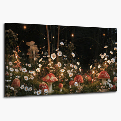 Red mushrooms and delicate white flowers glowing in a painted nighttime woodland scene single canvas wall art on a white background