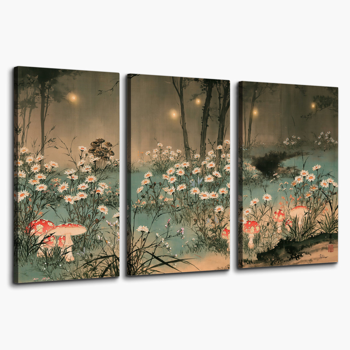 A wide meadow of white daisies and small red mushrooms beneath dark woodland trees 3 piece canvas wall art on a white background