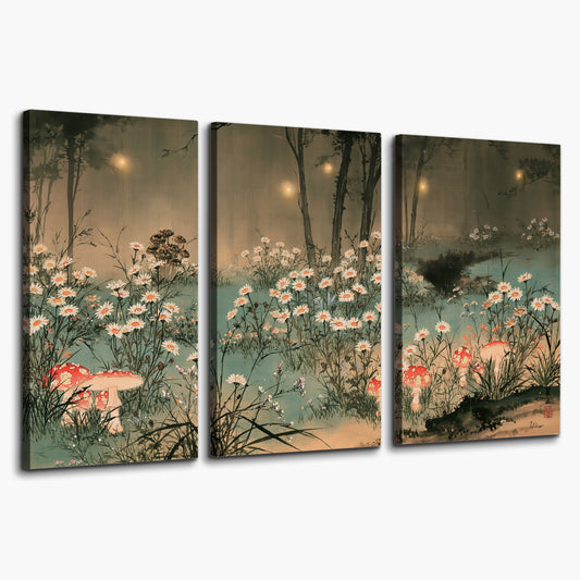 A wide meadow of white daisies and small red mushrooms beneath dark woodland trees 3 piece canvas wall art on a white background