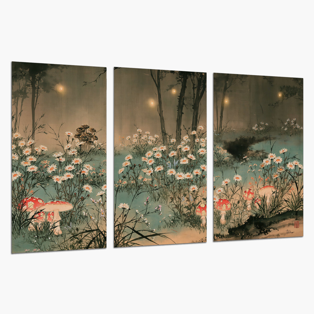 A wide meadow of white daisies and small red mushrooms beneath dark woodland trees set of 3 poster prints on a white background