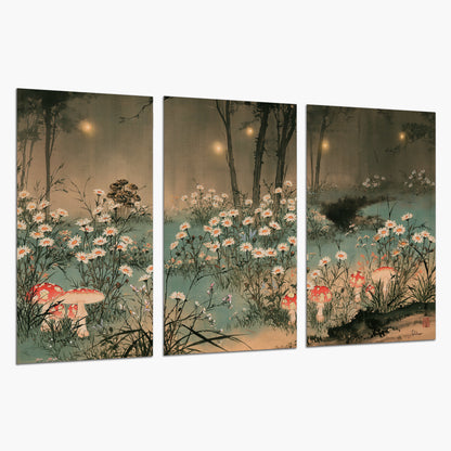 A wide meadow of white daisies and small red mushrooms beneath dark woodland trees set of 3 poster prints on a white background
