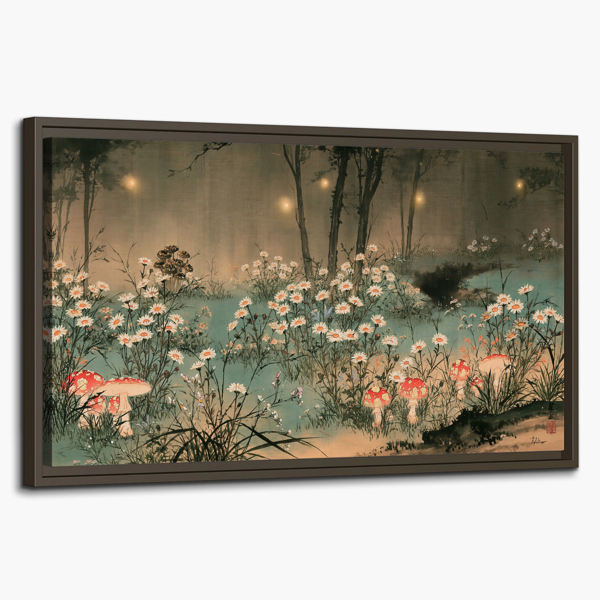 A wide meadow of white daisies and small red mushrooms beneath dark woodland trees single framed canvas wall art on a white background