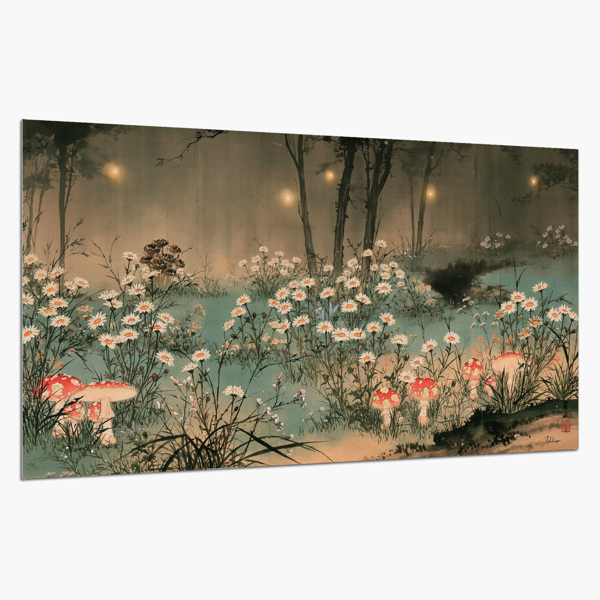 A wide meadow of white daisies and small red mushrooms beneath dark woodland trees single poster print on a white background
