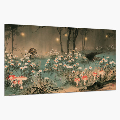 A wide meadow of white daisies and small red mushrooms beneath dark woodland trees single poster print on a white background