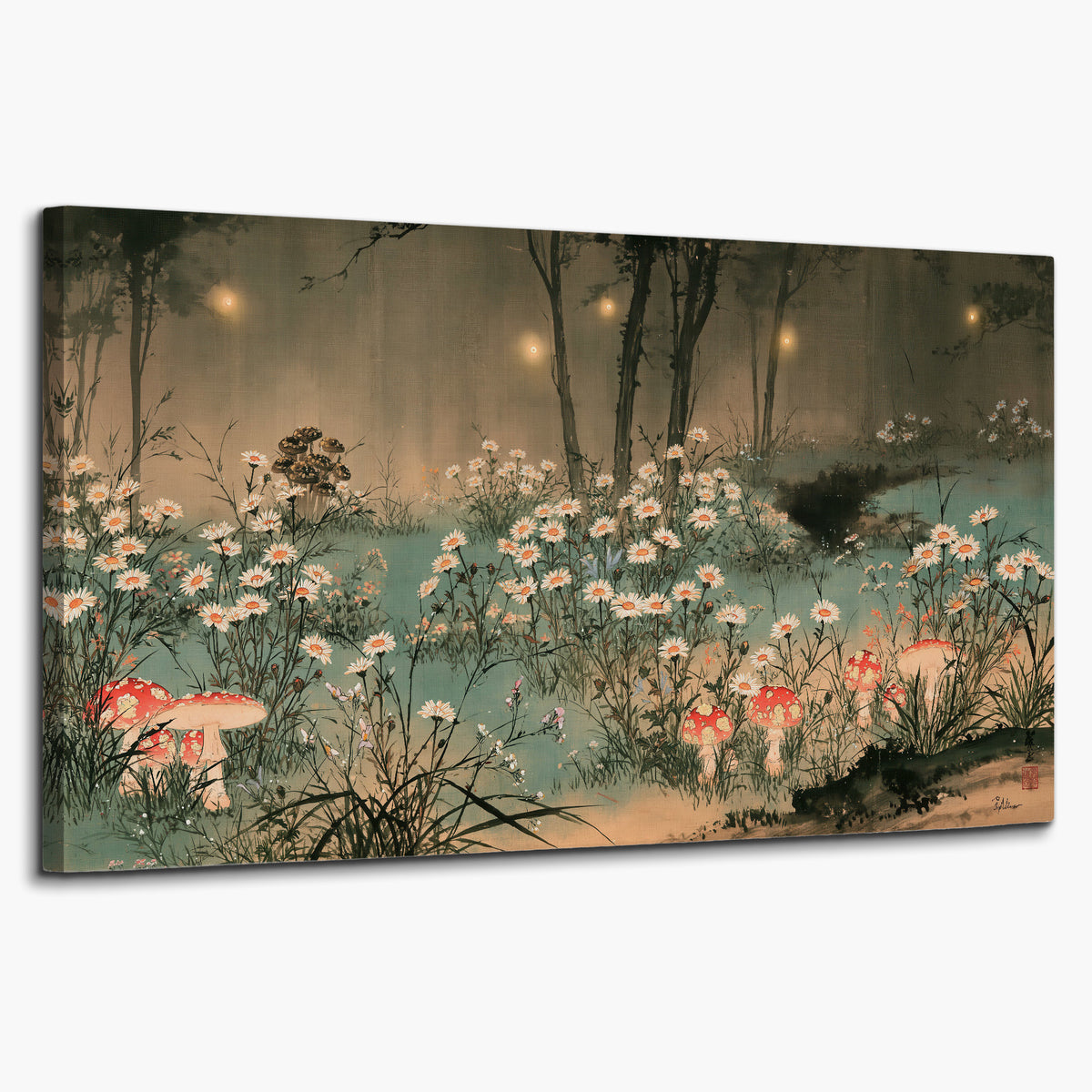 A wide meadow of white daisies and small red mushrooms beneath dark woodland trees single canvas wall art on a white background