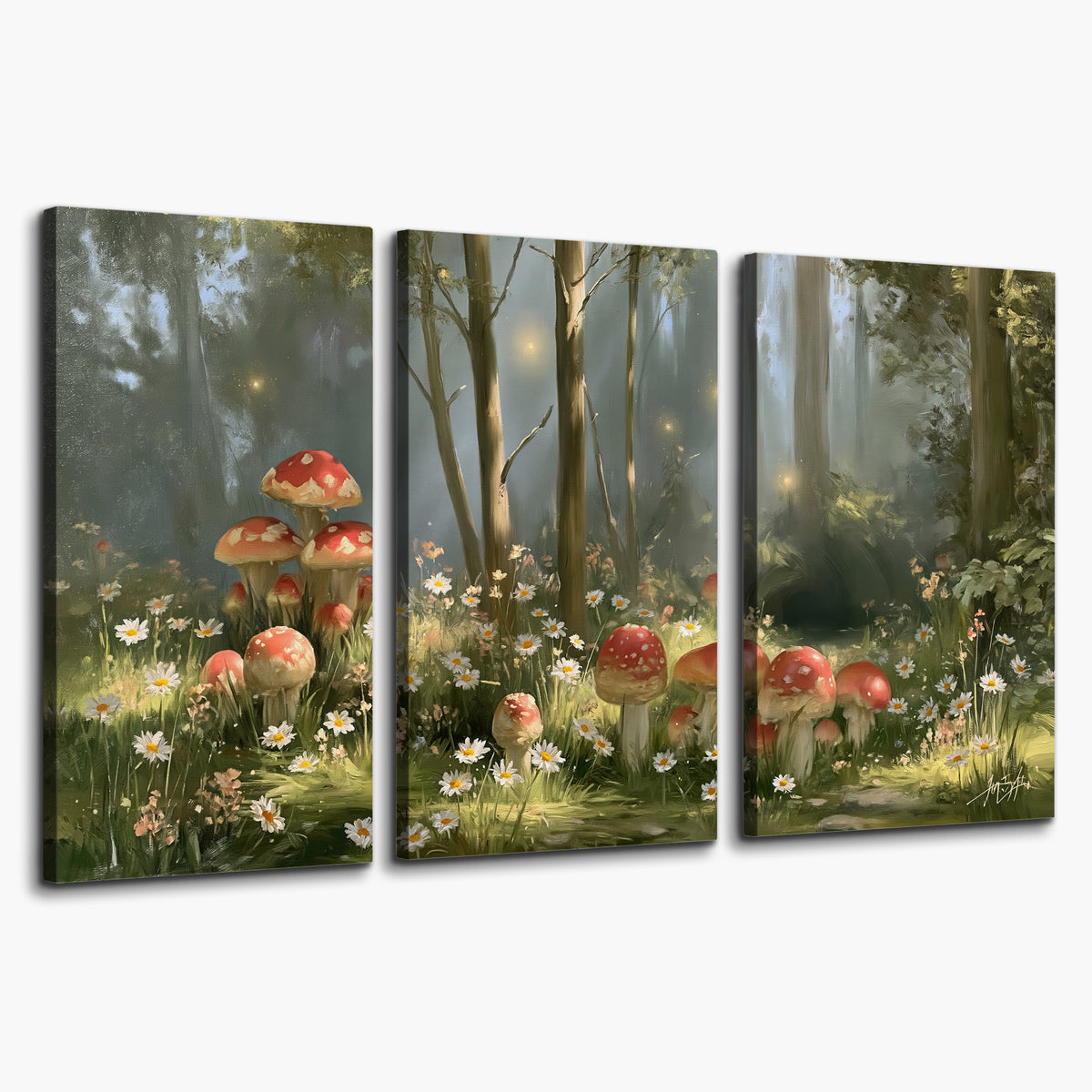 Red-capped mushrooms and white flowers beside tall trees in a sunlit forest 3 piece canvas wall art on a white background