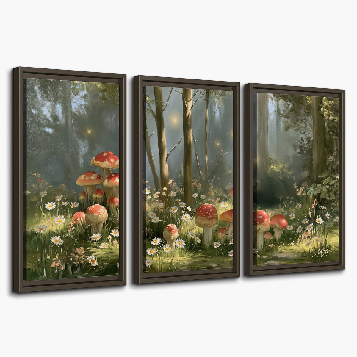 Red-capped mushrooms and white flowers beside tall trees in a sunlit forest 3 piece framed canvas wall art on a white background