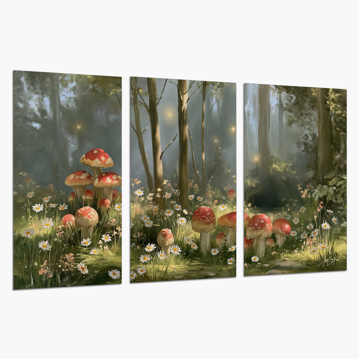 Red-capped mushrooms and white flowers beside tall trees in a sunlit forest set of 3 poster prints on a white background