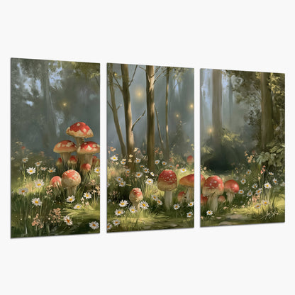 Red-capped mushrooms and white flowers beside tall trees in a sunlit forest set of 3 poster prints on a white background