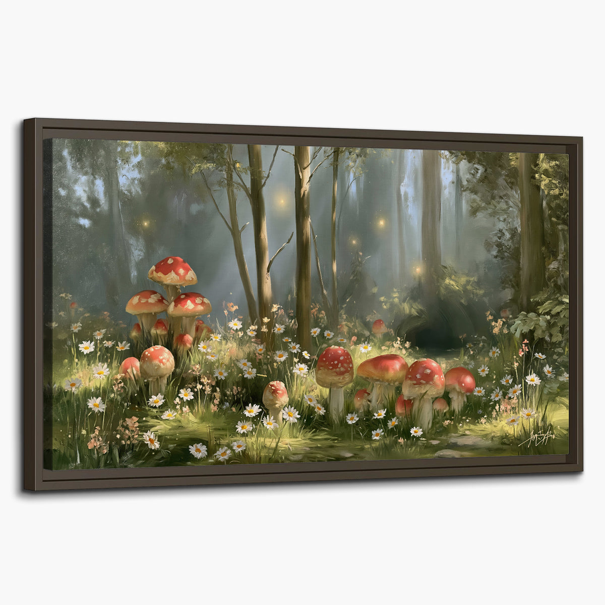 Red-capped mushrooms and white flowers beside tall trees in a sunlit forest single framed canvas wall art on a white background