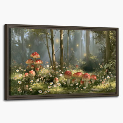 Red-capped mushrooms and white flowers beside tall trees in a sunlit forest single framed canvas wall art on a white background