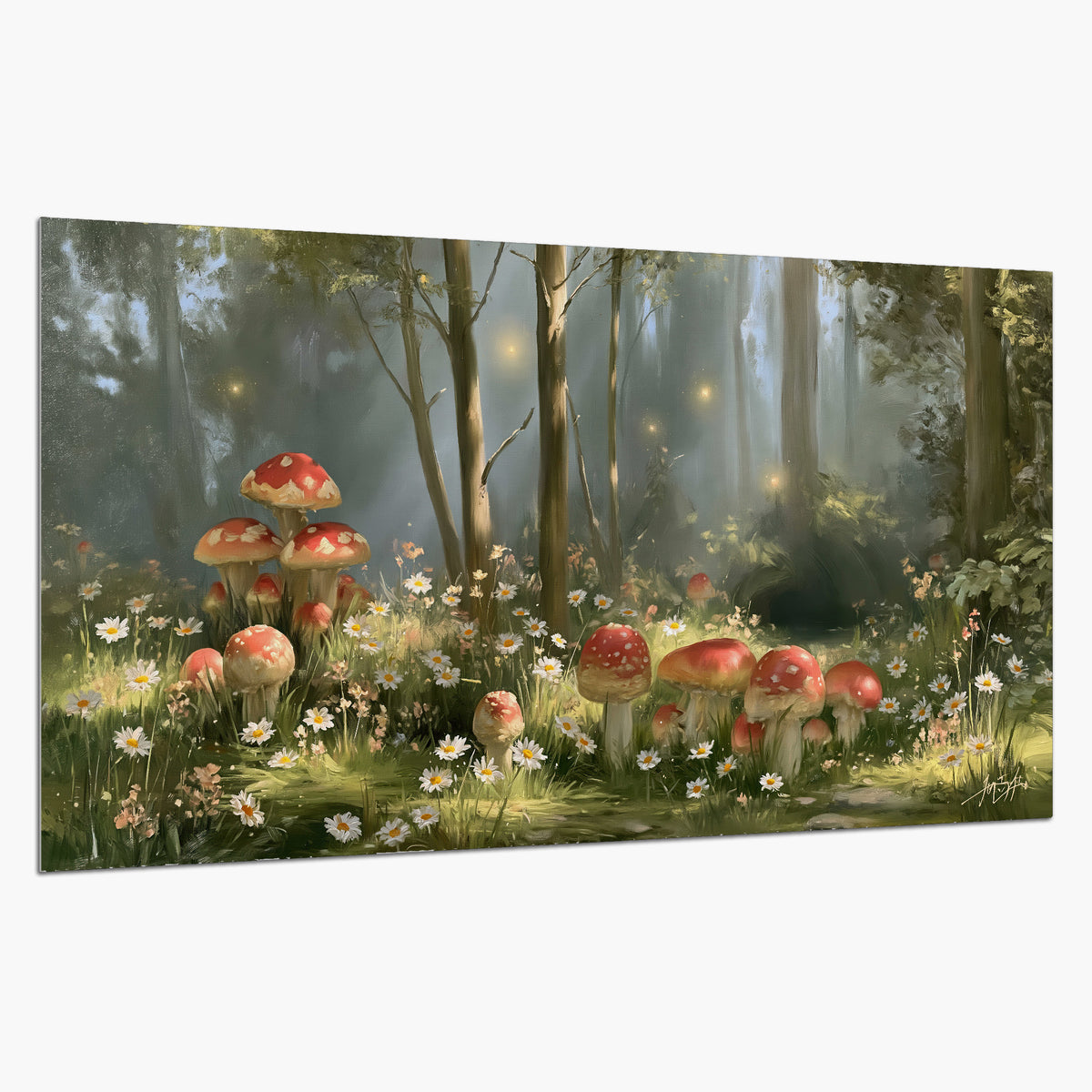 Red-capped mushrooms and white flowers beside tall trees in a sunlit forest single poster print on a white background