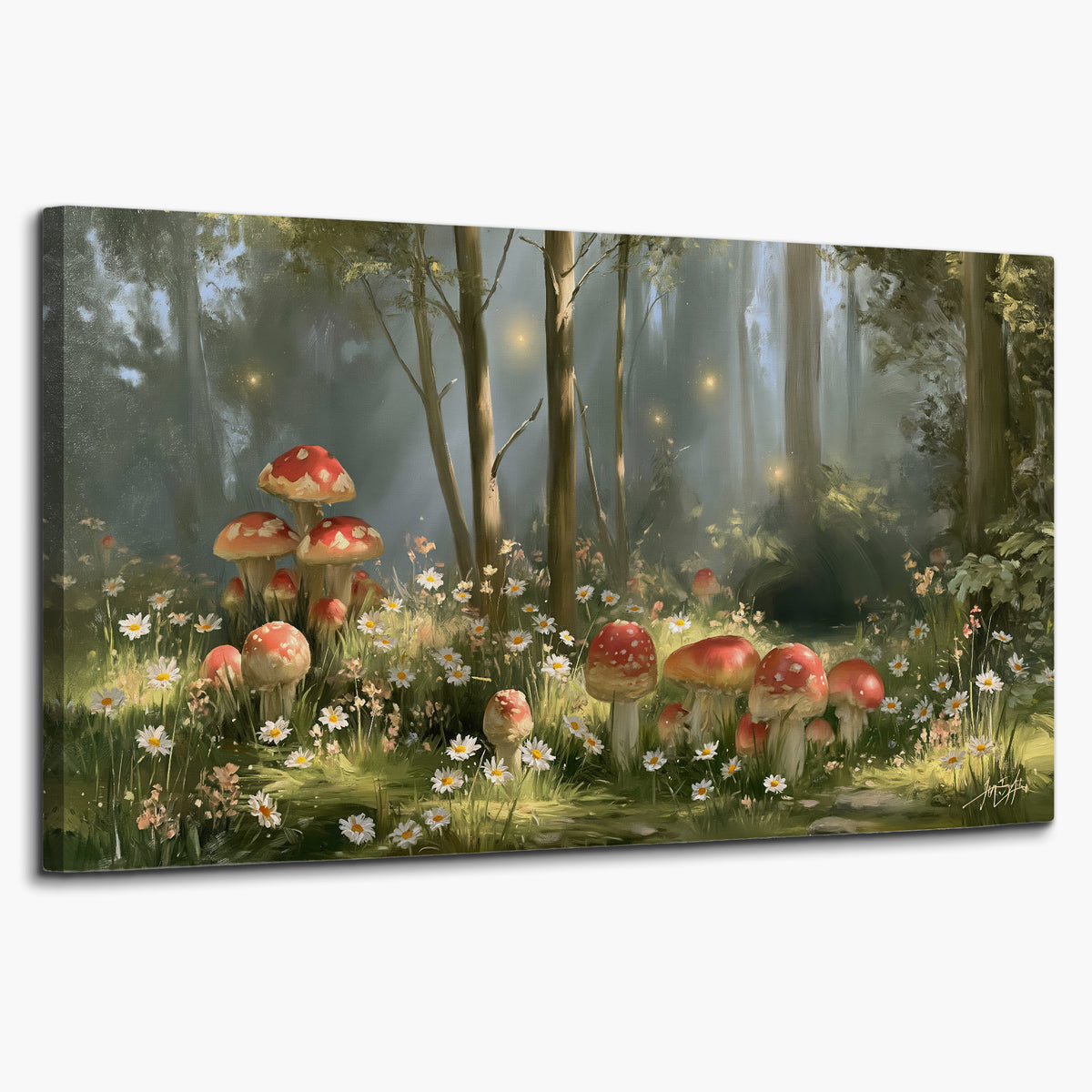 Red-capped mushrooms and white flowers beside tall trees in a sunlit forest single canvas wall art on a white background