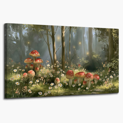 Red-capped mushrooms and white flowers beside tall trees in a sunlit forest single canvas wall art on a white background