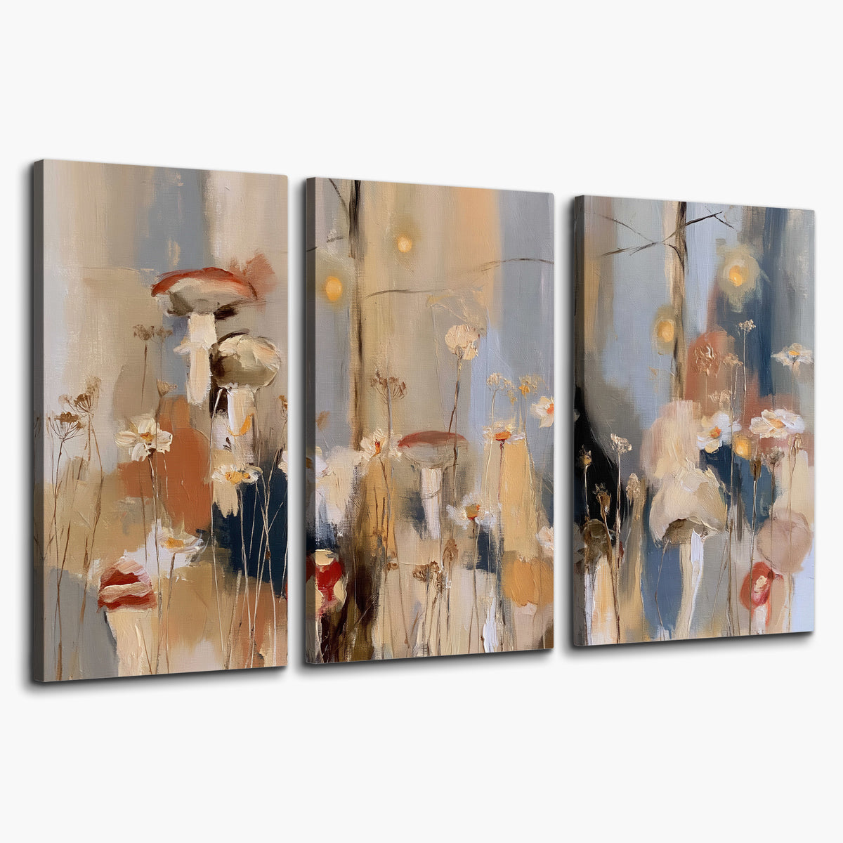 Loose mushroom and flower forms among vertical blue, ochre and cream strokes 3 piece canvas wall art on a white background