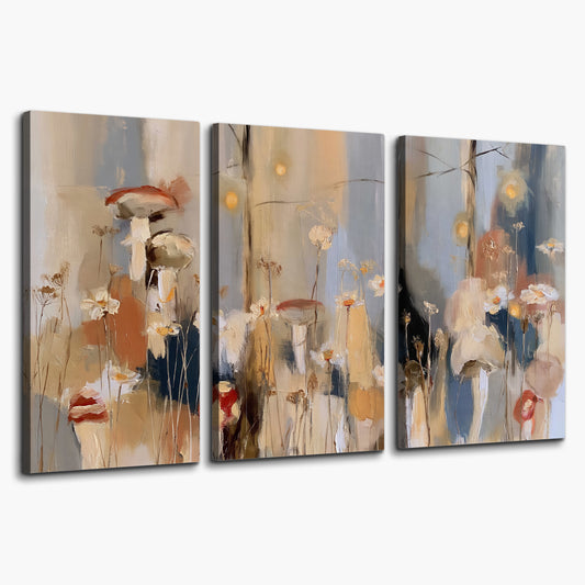 Loose mushroom and flower forms among vertical blue, ochre and cream strokes 3 piece canvas wall art on a white background