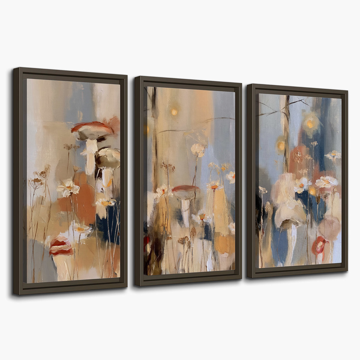 Loose mushroom and flower forms among vertical blue, ochre and cream strokes 3 piece framed canvas wall art on a white background