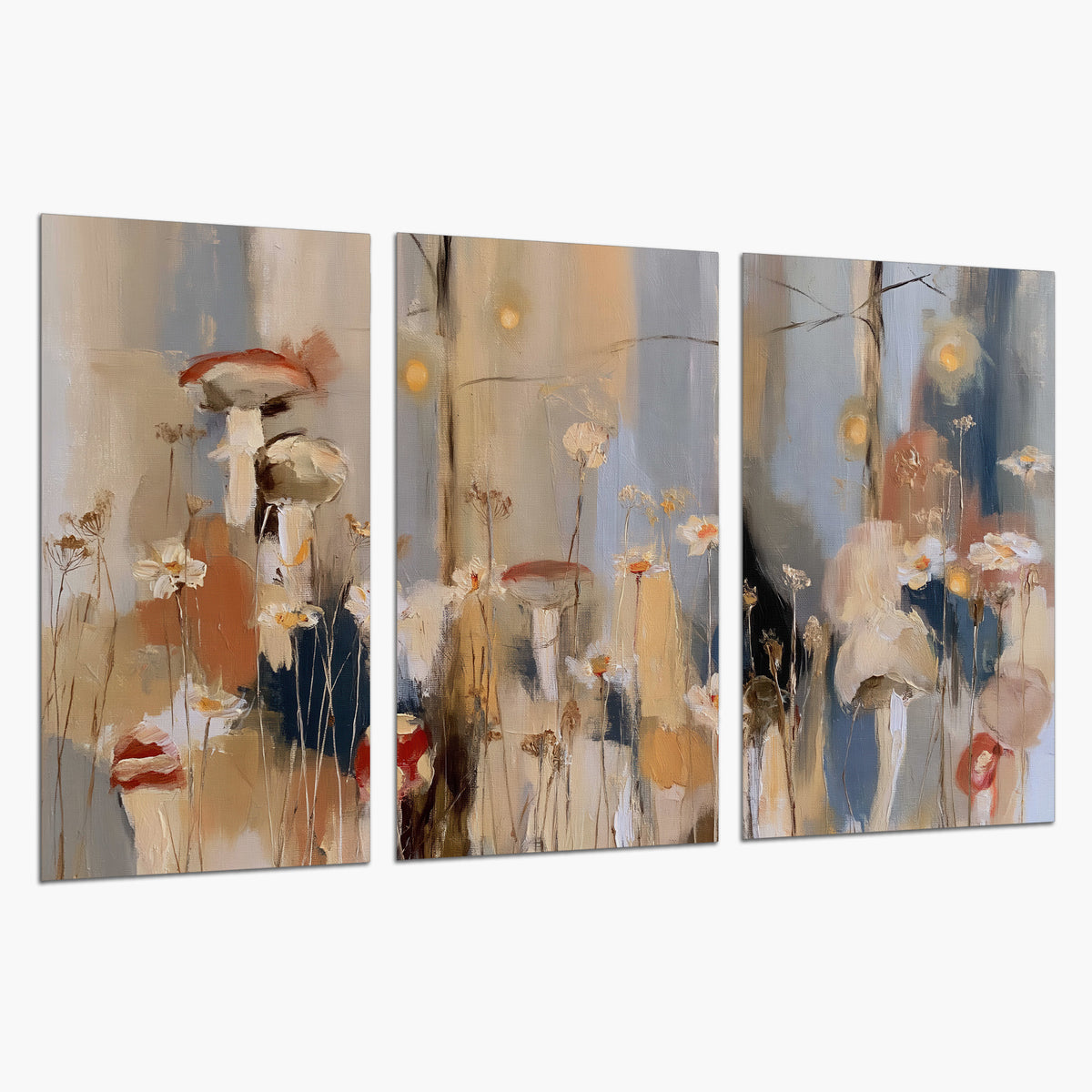 Loose mushroom and flower forms among vertical blue, ochre and cream strokes set of 3 poster prints on a white background