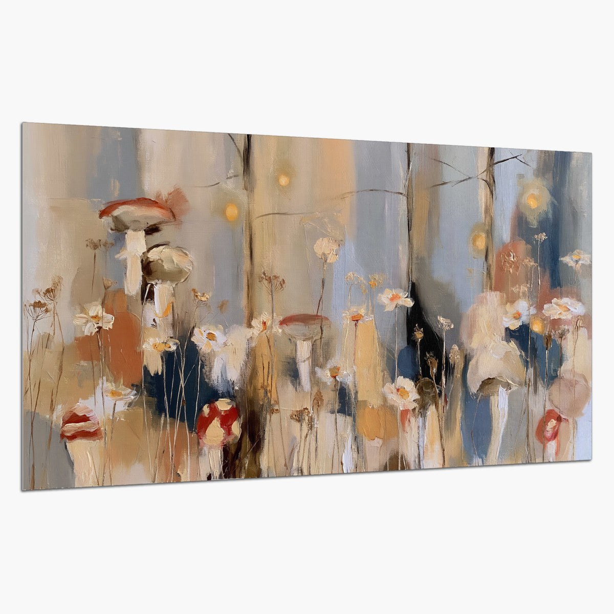 Loose mushroom and flower forms among vertical blue, ochre and cream strokes single poster print on a white background