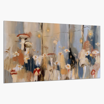 Loose mushroom and flower forms among vertical blue, ochre and cream strokes single poster print on a white background