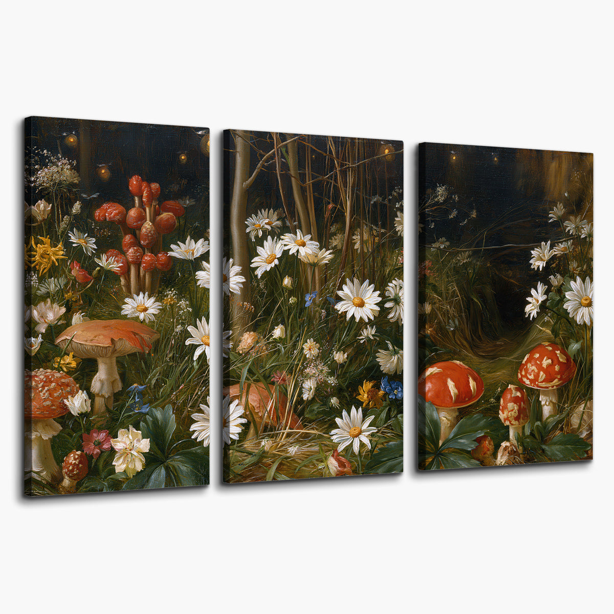 White daisies and warm red mushrooms scattered across a dark woodland garden 3 piece canvas wall art on a white background