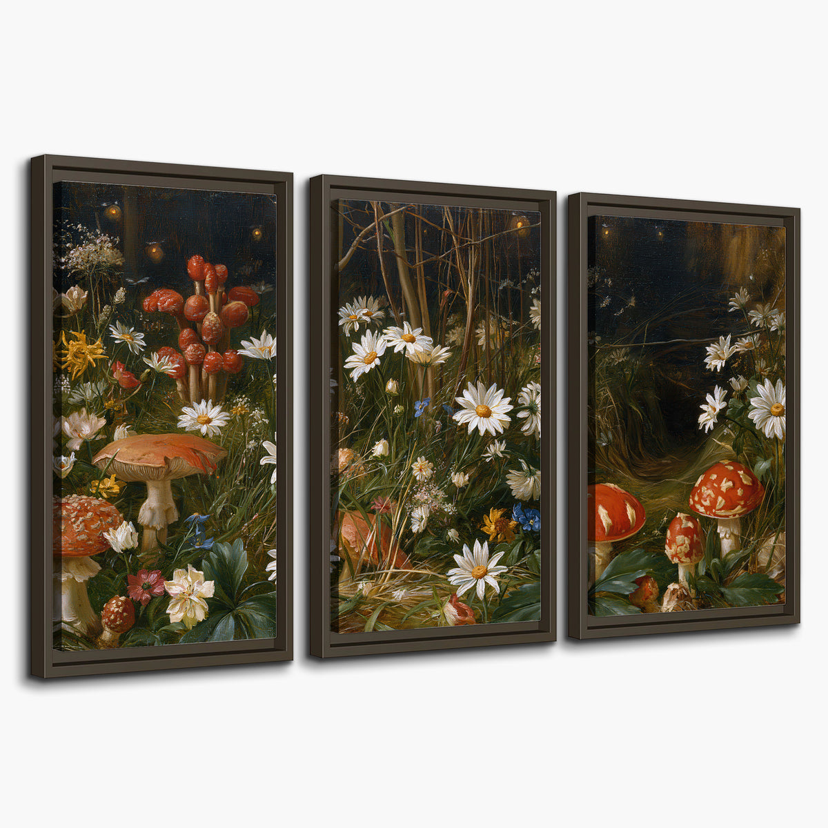 White daisies and warm red mushrooms scattered across a dark woodland garden 3 piece framed canvas wall art on a white background