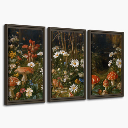 White daisies and warm red mushrooms scattered across a dark woodland garden 3 piece framed canvas wall art on a white background