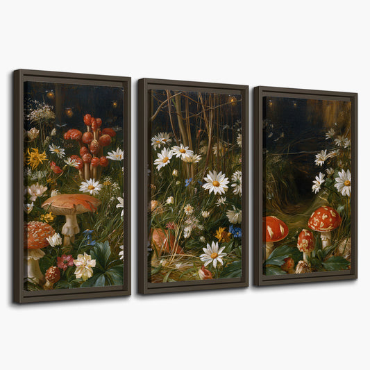 White daisies and warm red mushrooms scattered across a dark woodland garden 3 piece framed canvas wall art on a white background