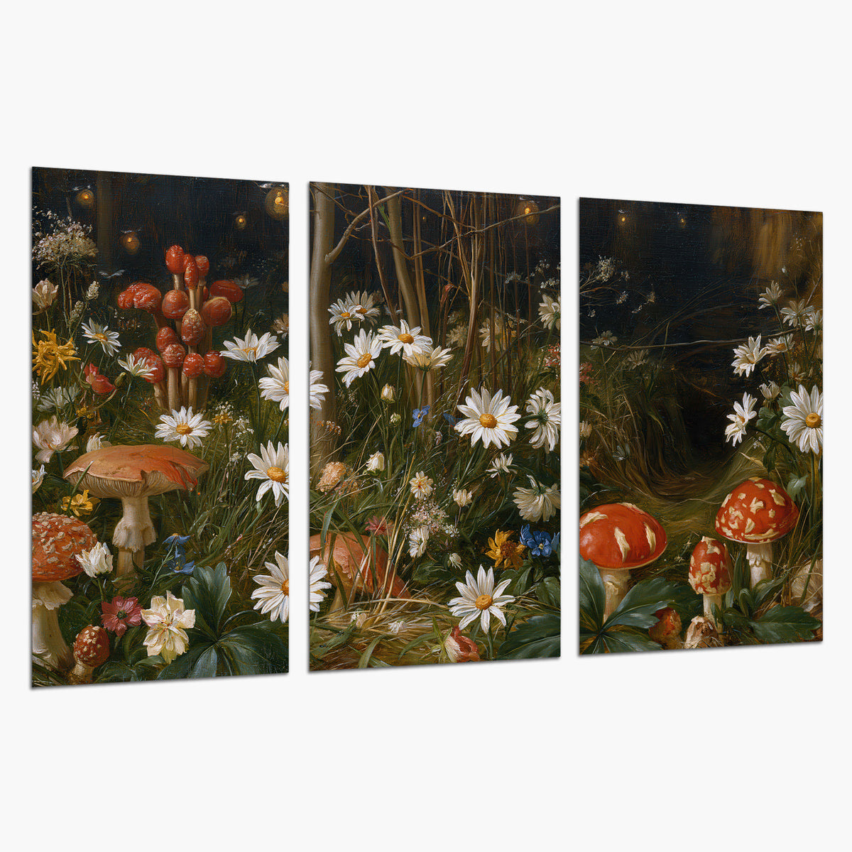 White daisies and warm red mushrooms scattered across a dark woodland garden set of 3 poster prints on a white background