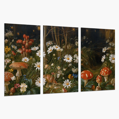 White daisies and warm red mushrooms scattered across a dark woodland garden set of 3 poster prints on a white background