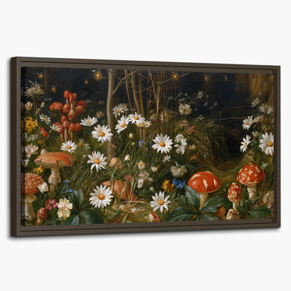 White daisies and warm red mushrooms scattered across a dark woodland garden single framed canvas wall art on a white background