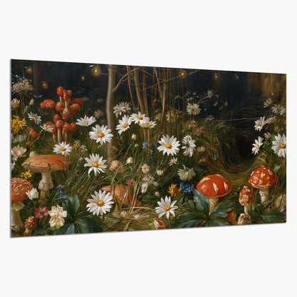 White daisies and warm red mushrooms scattered across a dark woodland garden single poster print on a white background