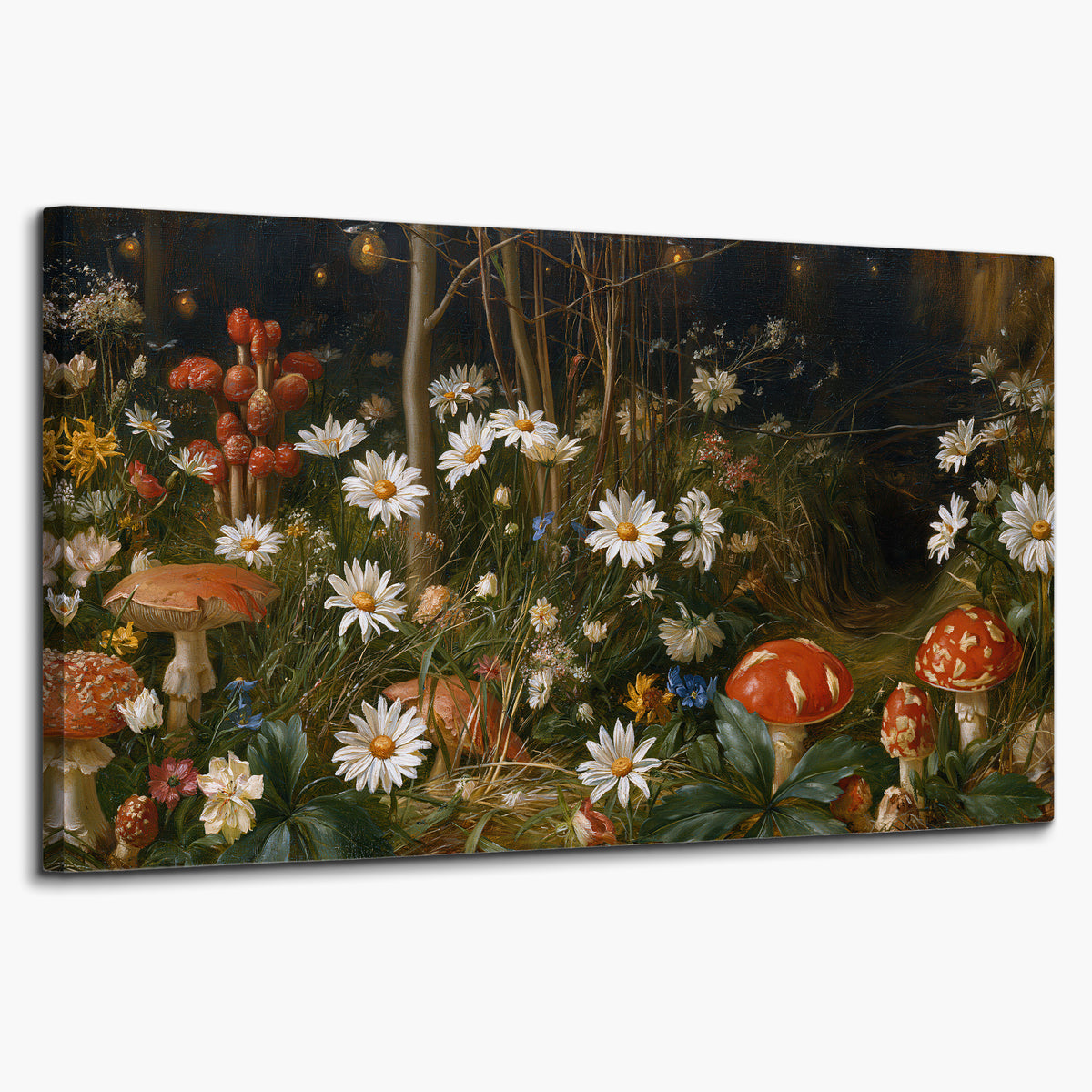 White daisies and warm red mushrooms scattered across a dark woodland garden single canvas wall art on a white background