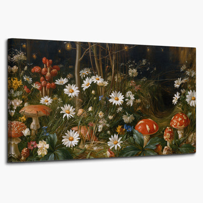 White daisies and warm red mushrooms scattered across a dark woodland garden single canvas wall art on a white background
