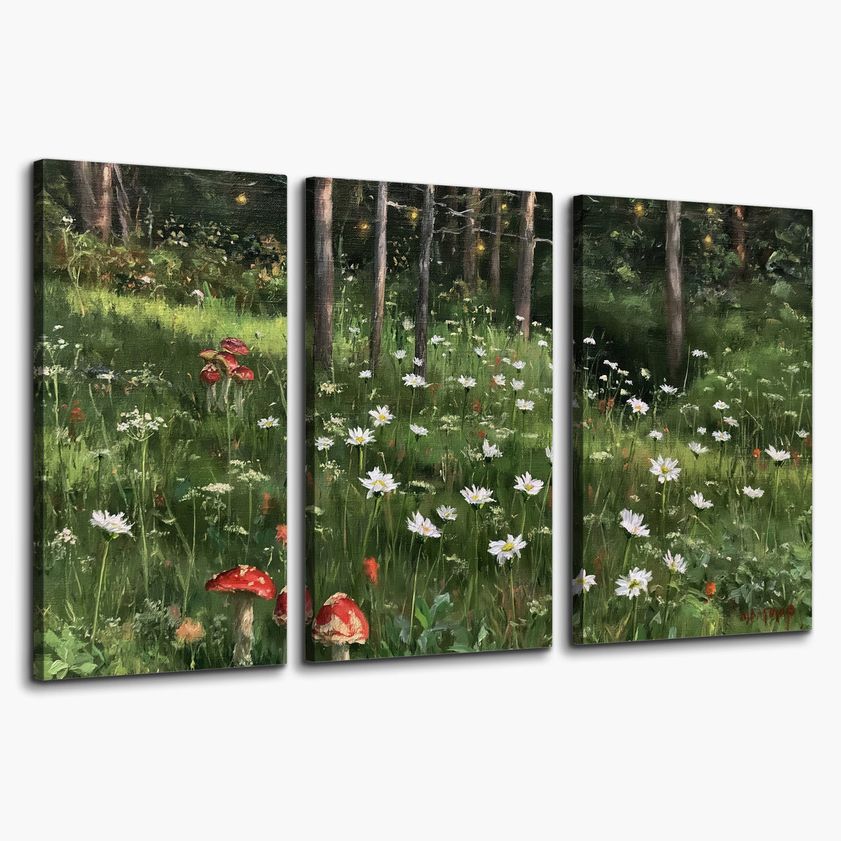 A green woodland floor covered with small white daisies and red mushroom accents 3 piece canvas wall art on a white background