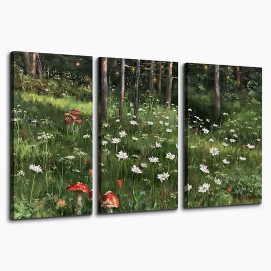 A green woodland floor covered with small white daisies and red mushroom accents 3 piece canvas wall art on a white background