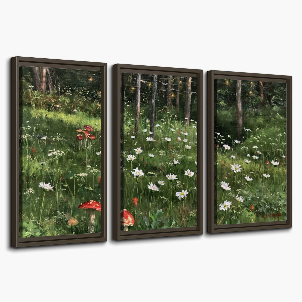 A green woodland floor covered with small white daisies and red mushroom accents 3 piece framed canvas wall art on a white background