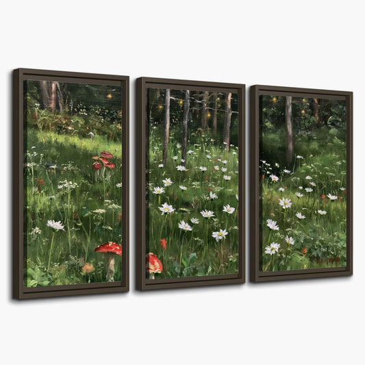 A green woodland floor covered with small white daisies and red mushroom accents 3 piece framed canvas wall art on a white background