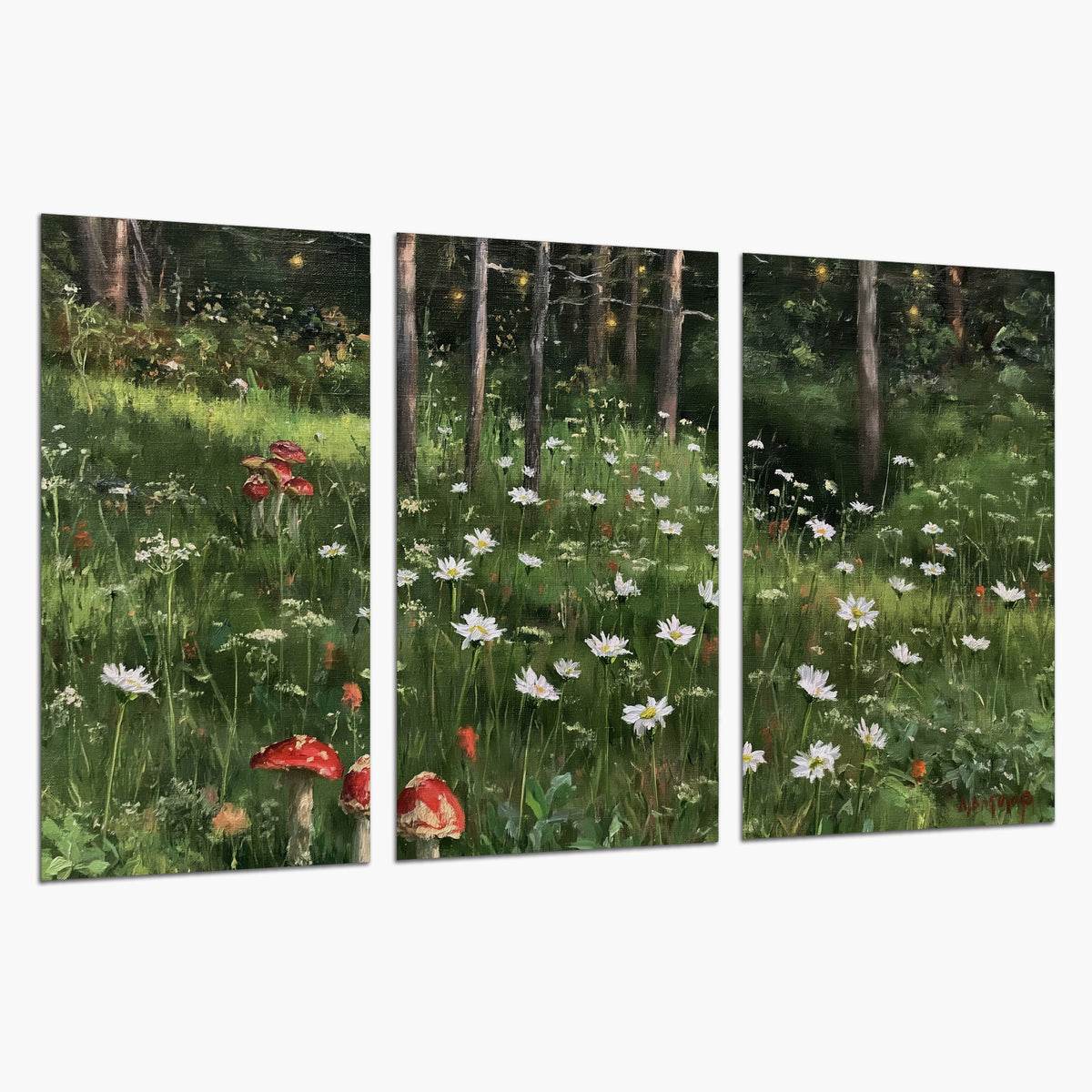 A green woodland floor covered with small white daisies and red mushroom accents set of 3 poster prints on a white background