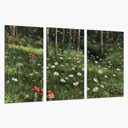 A green woodland floor covered with small white daisies and red mushroom accents set of 3 poster prints on a white background