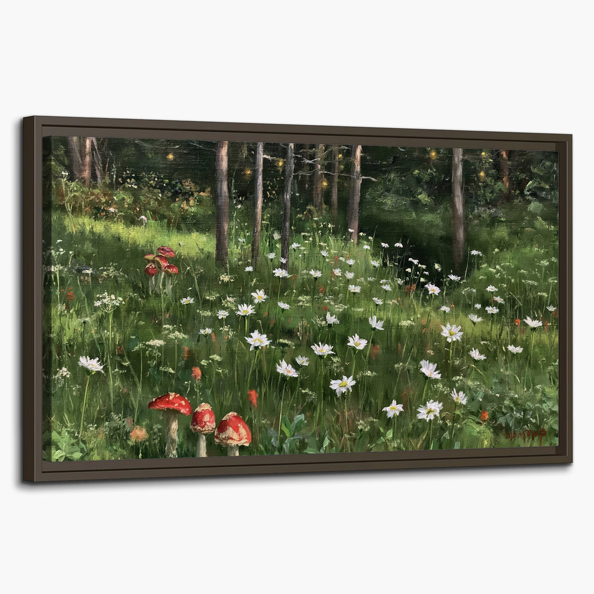A green woodland floor covered with small white daisies and red mushroom accents single framed canvas wall art on a white background
